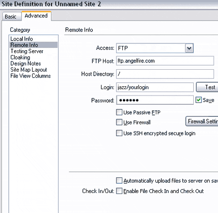 graphic: example of Dreamweaver Site Definition dialog box.
