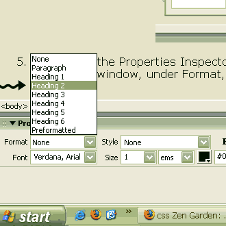 select heading 2 in properties inspector